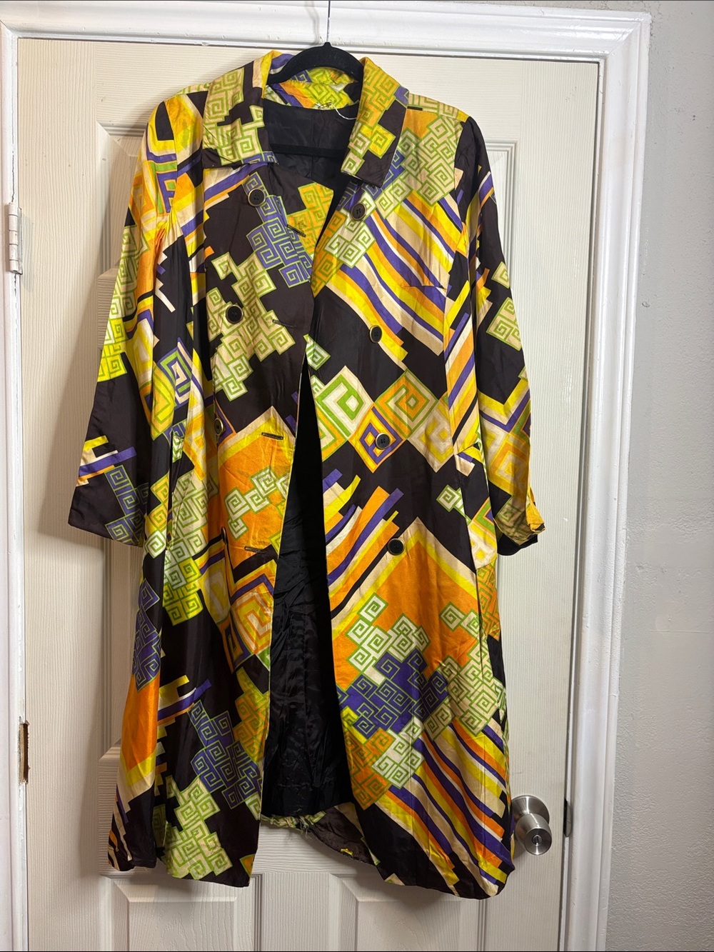 Vibrant Geometric Print Trench Coat in Yellow, Orange & Black